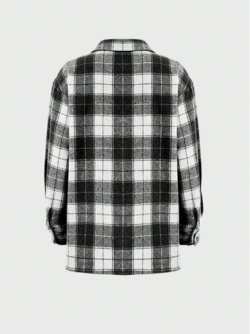 Essnce Women Casual Plaid Drop Shoulder Loose Shirt, Autumn