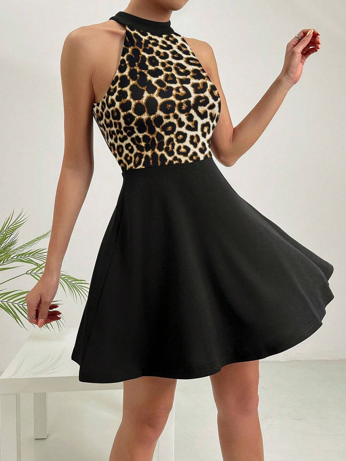 Women Casual Sexy Leopard Patchwork Back Hollow Out Cold Shoulder Mini Umbrella Dress
