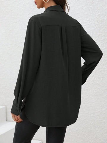 Essnce Women Casual Simple Front Button Long Sleeve Shirt, Autumn