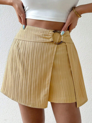 Essnce Women Casual Solid Color Textured Split Mini Skirt For Summer