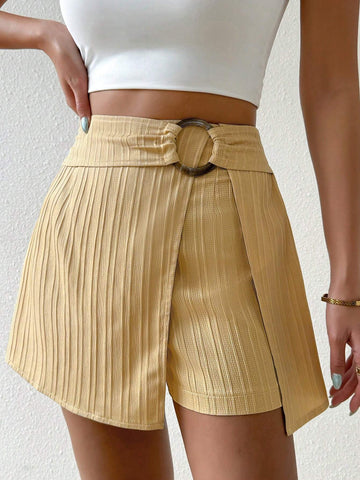 Essnce Women Casual Solid Color Textured Split Mini Skirt For Summer