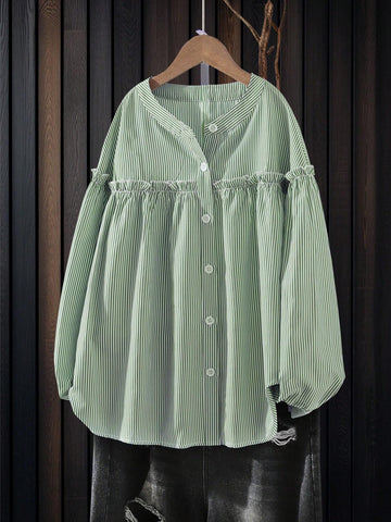 Essnce Women Casual Striped Button Front Lantern Sleeve Loose Shirt, Autumn