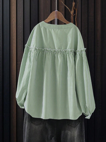 Essnce Women Casual Striped Button Front Lantern Sleeve Loose Shirt, Autumn