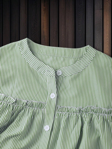 Essnce Women Casual Striped Button Front Lantern Sleeve Loose Shirt, Autumn