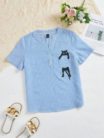 Essnce Women Casual Striped Cat Printed Notched Collar Short Sleeve Shirt For Summer