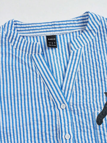 Essnce Women Casual Striped Cat Printed Notched Collar Short Sleeve Shirt For Summer