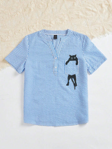 Essnce Women Casual Striped Cat Printed Notched Collar Short Sleeve Shirt For Summer