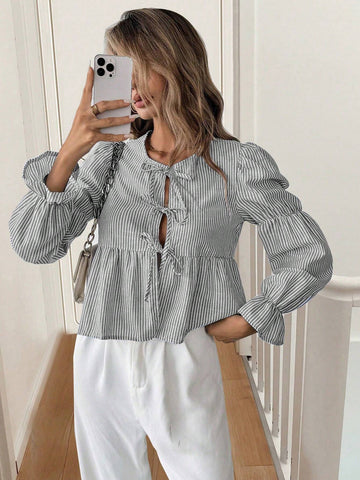 Essnce Women Casual Striped Puff Sleeve Tie Front Blouse, Autumn