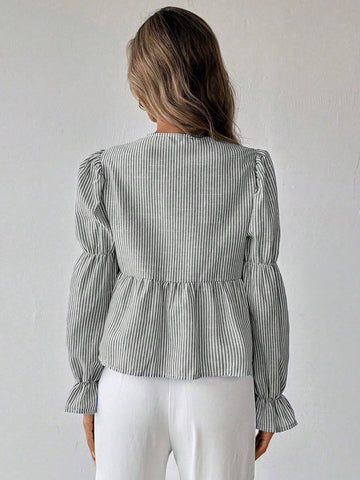 Essnce Women Casual Striped Puff Sleeve Tie Front Blouse, Autumn