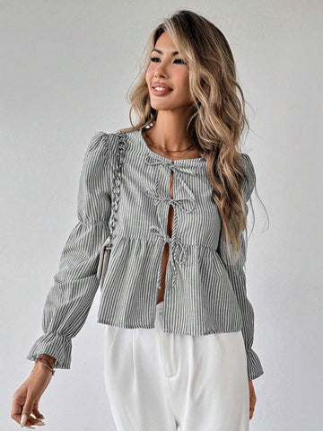 Essnce Women Casual Striped Puff Sleeve Tie Front Blouse, Autumn