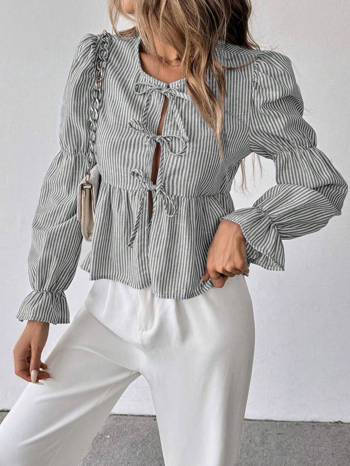Essnce Women Casual Striped Puff Sleeve Tie Front Blouse, Autumn