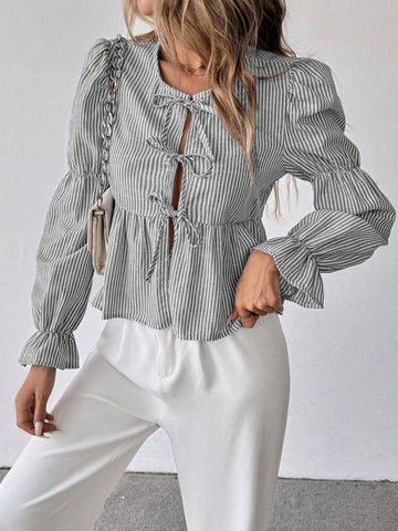 Essnce Women Casual Striped Puff Sleeve Tie Front Blouse, Autumn