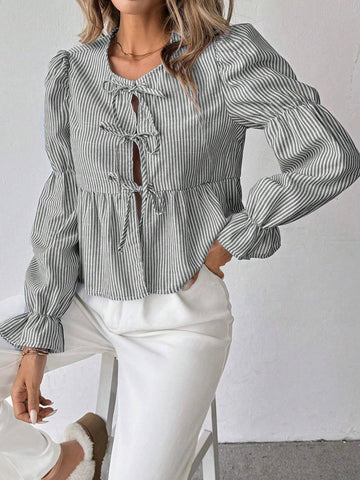 Essnce Women Casual Striped Puff Sleeve Tie Front Blouse, Autumn