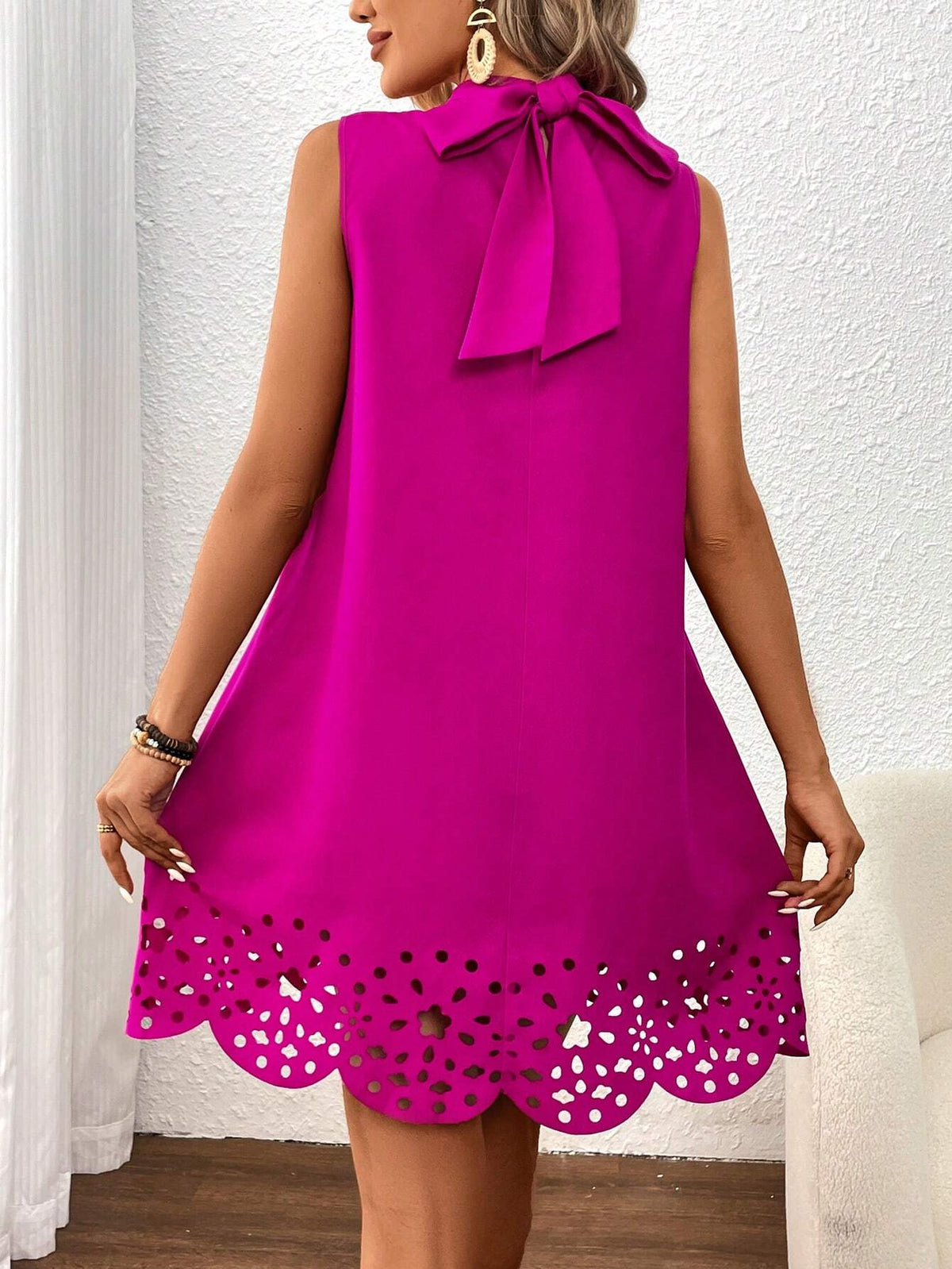 Women Casual & Beach Solid Color Halter Backless Dress With Bow Tie, Summer