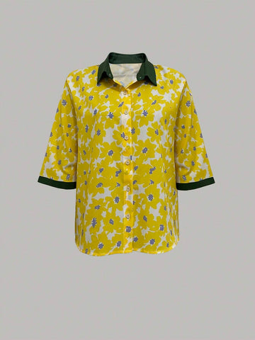 Essnce Women Color Block Short Sleeve Printed Summer Shirt