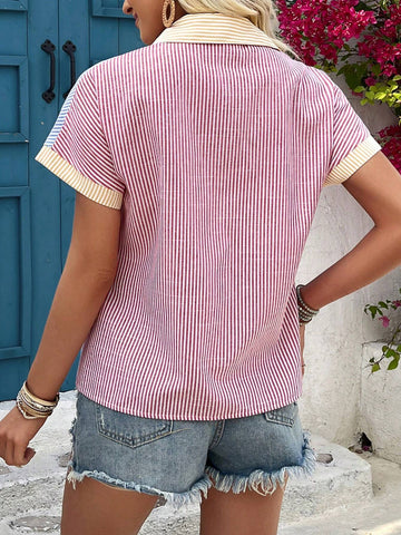 Essnce Women Colorful Striped Patchwork Shirt With Sparkling Pocket Detail