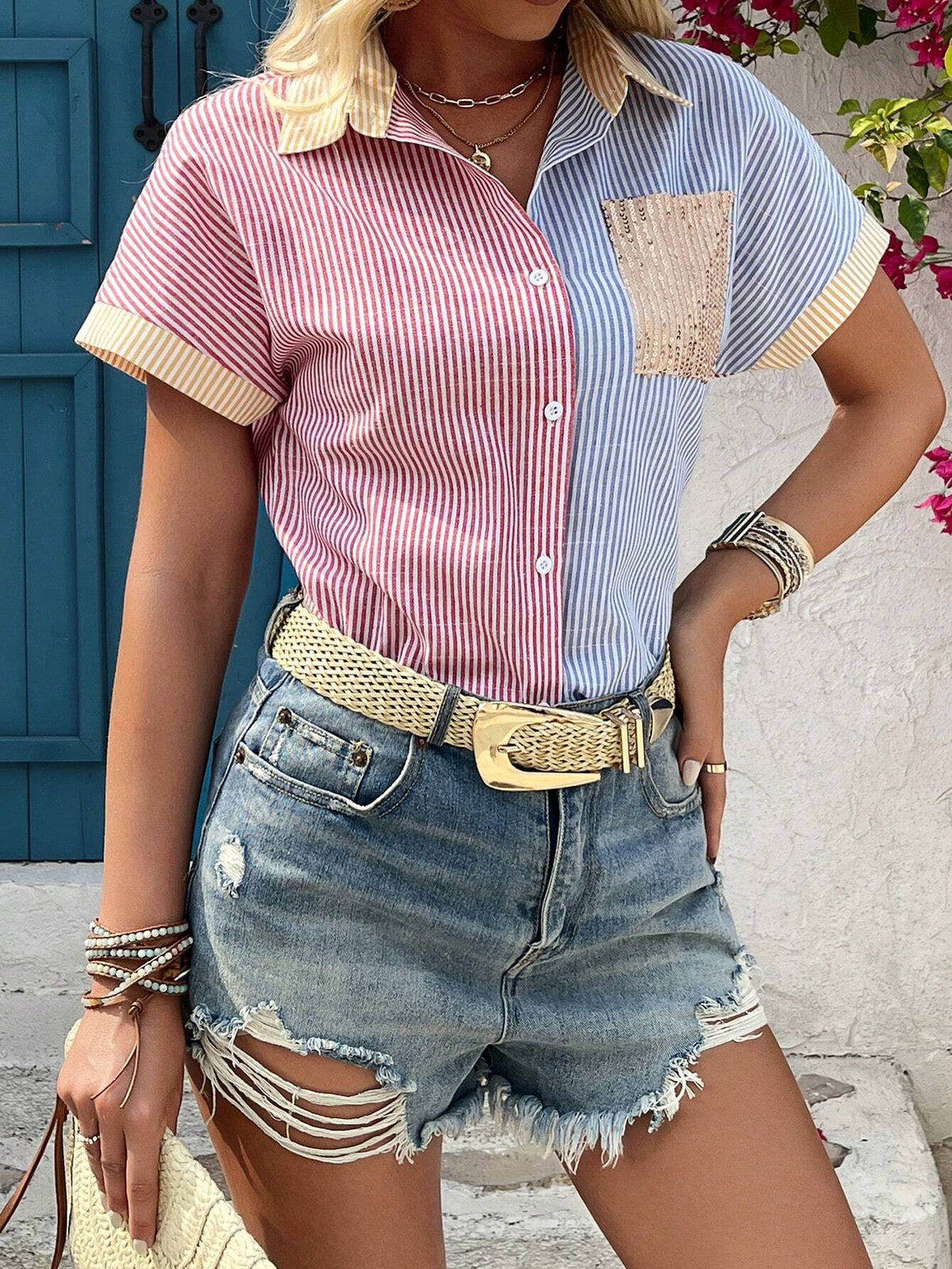 Essnce Women Colorful Striped Patchwork Shirt With Sparkling Pocket Detail