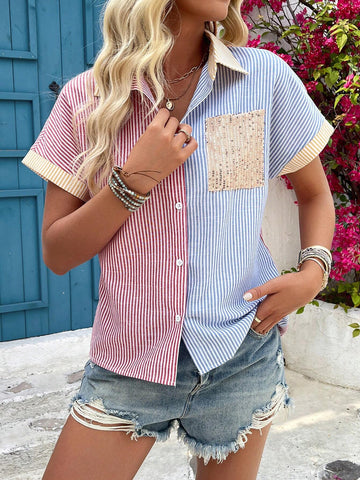 Essnce Women Colorful Striped Patchwork Shirt With Sparkling Pocket Detail