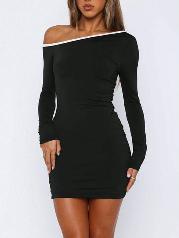 Women Contrast Binding Asymmetric Neckline Ruched Long Sleeve Mini Dress