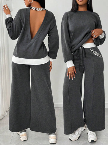 Women Contrast Color Casual Backless Long Sleeve Top And Knotted Long Pants Suit