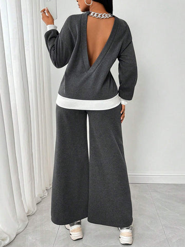 Women Contrast Color Casual Backless Long Sleeve Top And Knotted Long Pants Suit