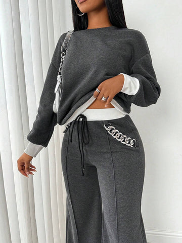 Women Contrast Color Casual Backless Long Sleeve Top And Knotted Long Pants Suit