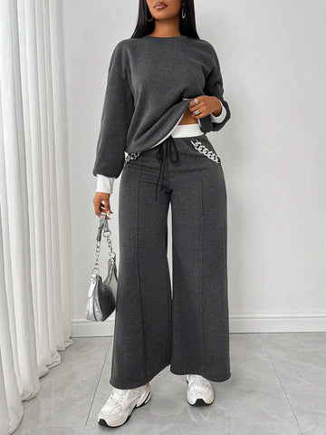 Women Contrast Color Casual Backless Long Sleeve Top And Knotted Long Pants Suit