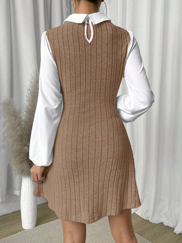 Women Contrast Color Polo Collar Lantern Sleeve Ribbed Short Casual Dress, Autumn