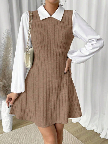 Women Contrast Color Polo Collar Lantern Sleeve Ribbed Short Casual Dress, Autumn