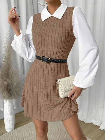 Women Contrast Color Polo Collar Lantern Sleeve Ribbed Short Casual Dress, Autumn
