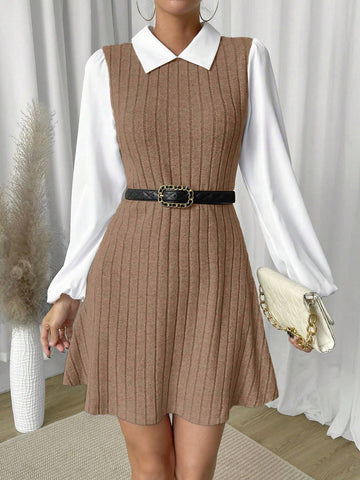 Women Contrast Color Polo Collar Lantern Sleeve Ribbed Short Casual Dress, Autumn