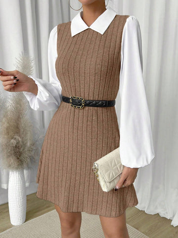 Women Contrast Color Polo Collar Lantern Sleeve Ribbed Short Casual Dress, Autumn