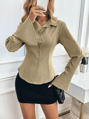 Essnce Women Elegant Solid Color Belted Long Sleeve Blouse For Autumn