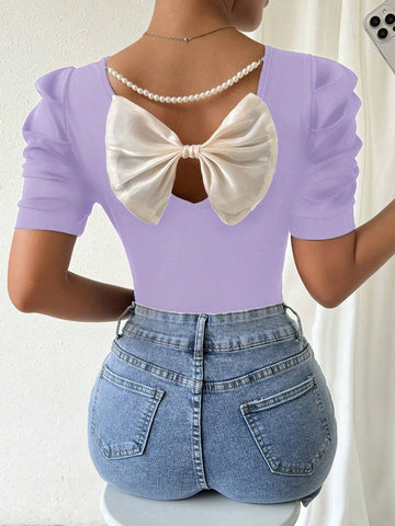 Women Fashion Elegant Puff Sleeve Fitted T-Shirt