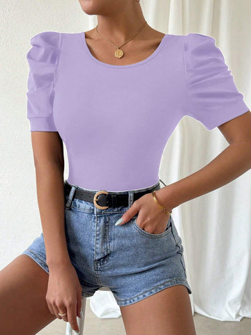 Women Fashion Elegant Puff Sleeve Fitted T-Shirt