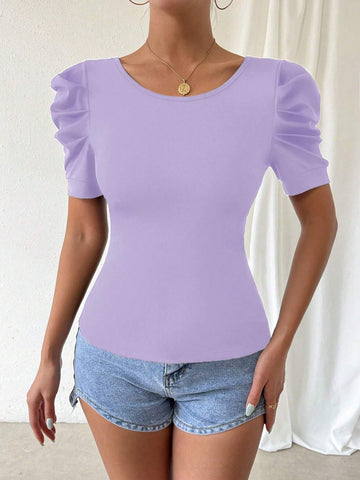 Women Fashion Elegant Puff Sleeve Fitted T-Shirt