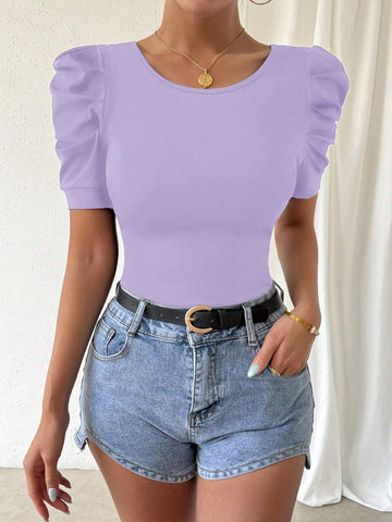 Women Fashion Elegant Puff Sleeve Fitted T-Shirt