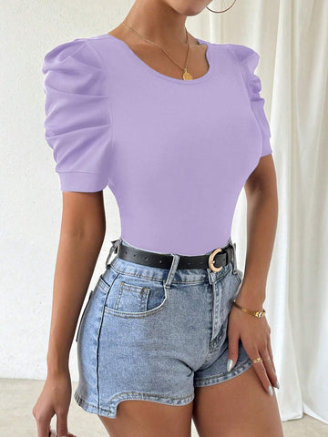 Women Fashion Elegant Puff Sleeve Fitted T-Shirt
