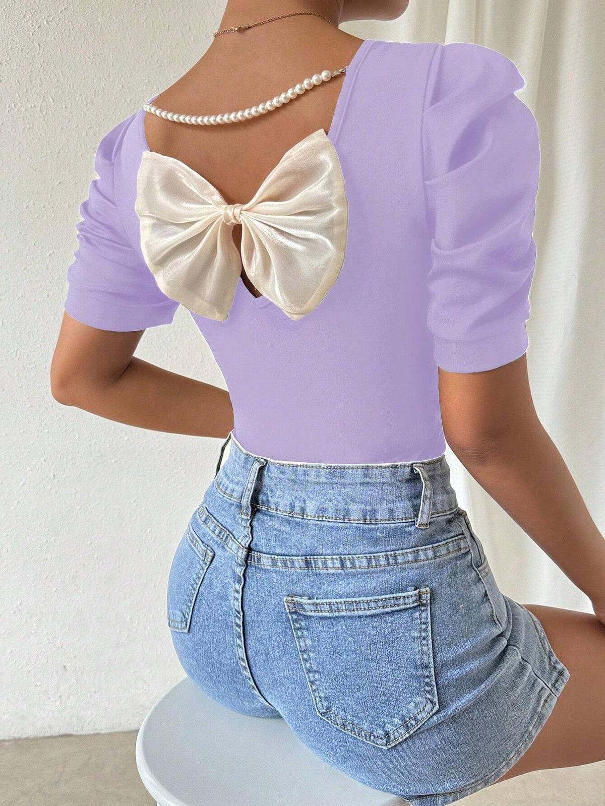 Women Fashion Elegant Puff Sleeve Fitted T-Shirt