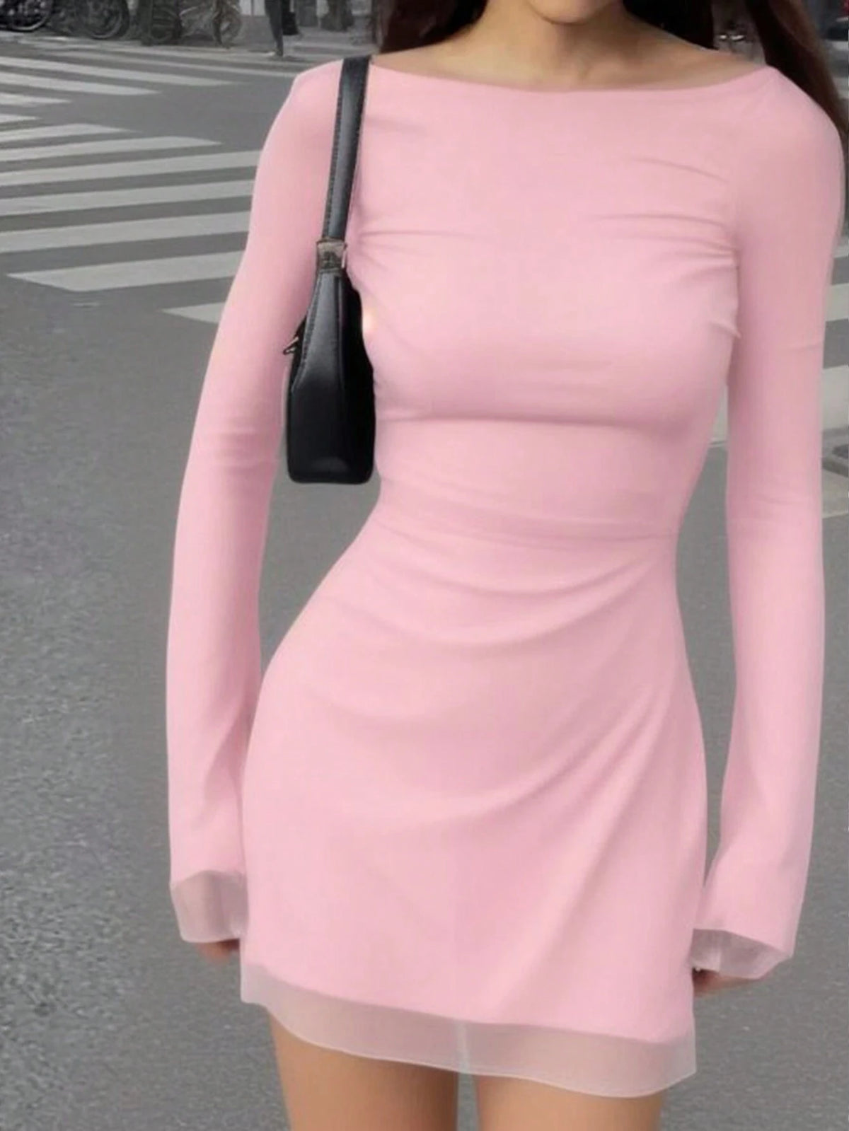 Women Fashion Solid Color Mesh Design Long Sleeves Dress