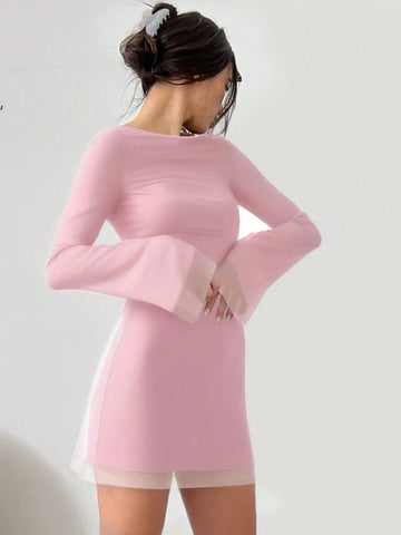 Women Fashion Solid Color Mesh Design Long Sleeves Dress
