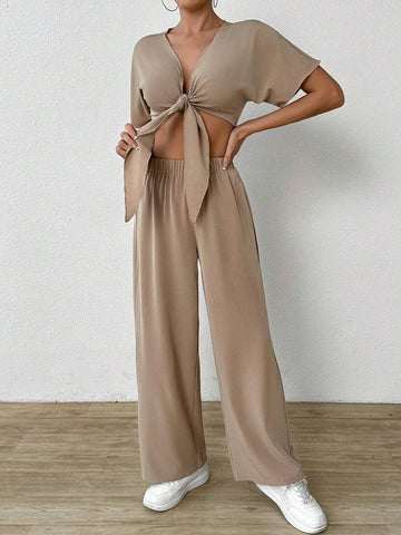 Women Fashionable Elegant Tie Shoulder Strap Two Piece Set