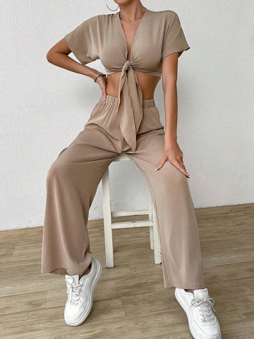 Women Fashionable Elegant Tie Shoulder Strap Two Piece Set