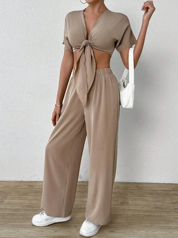 Women Fashionable Elegant Tie Shoulder Strap Two Piece Set