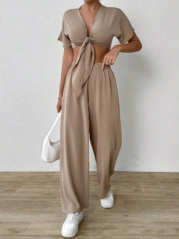 Women Fashionable Elegant Tie Shoulder Strap Two Piece Set