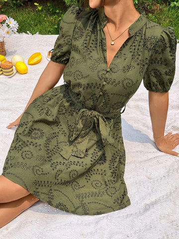 Women Fashionable Short Embroidered Double-Waist Dress
