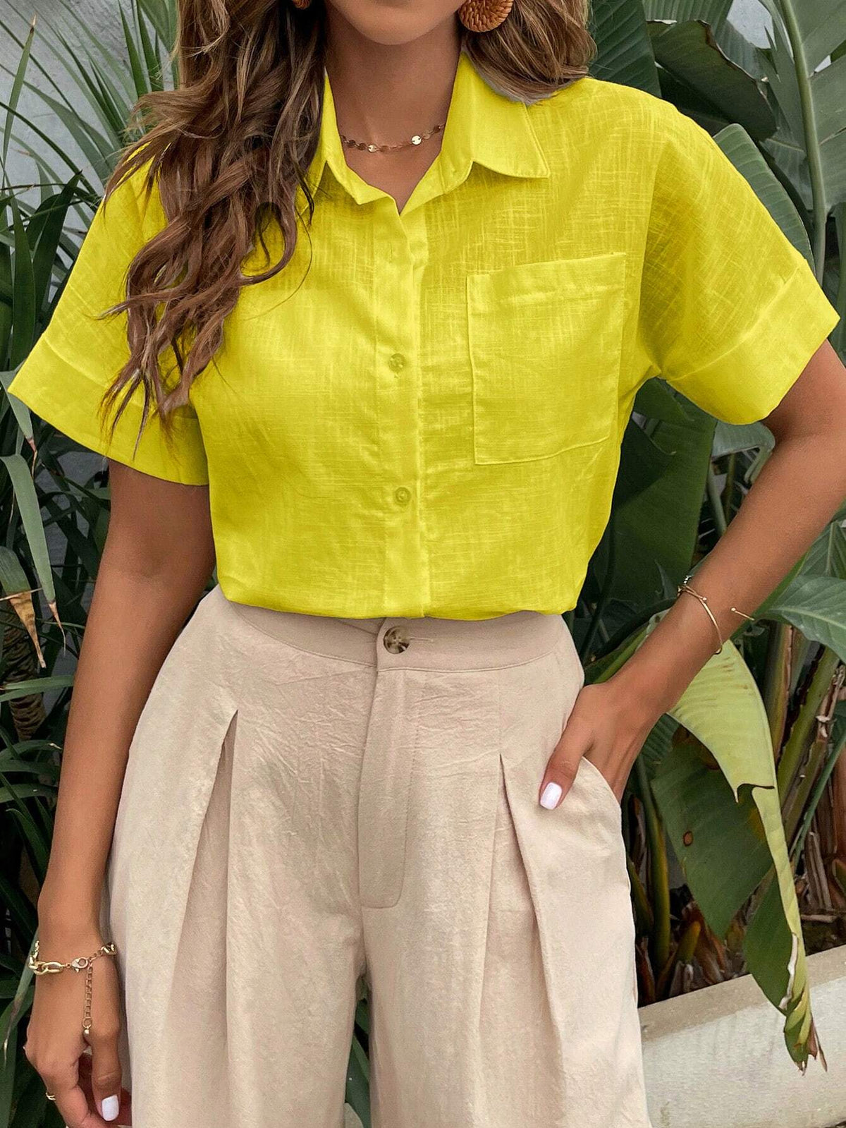 Essnce Women Fashionable Solid Color Loose Casual Short Sleeve Shirt