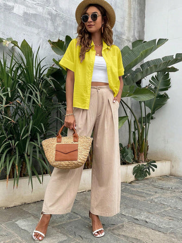 Essnce Women Fashionable Solid Color Loose Casual Short Sleeve Shirt