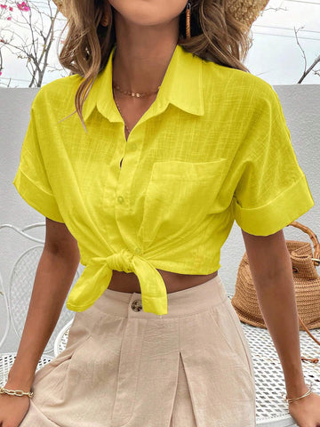 Essnce Women Fashionable Solid Color Loose Casual Short Sleeve Shirt
