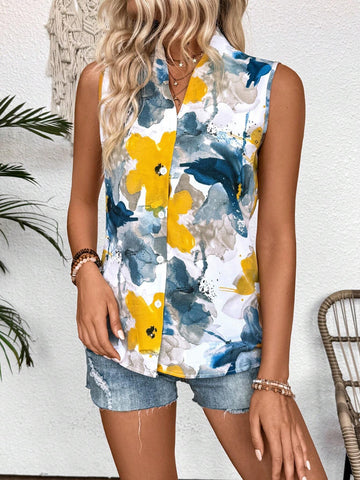 Essnce Women Floral Print Loose Fit Sleeveless Shirt For Vacation